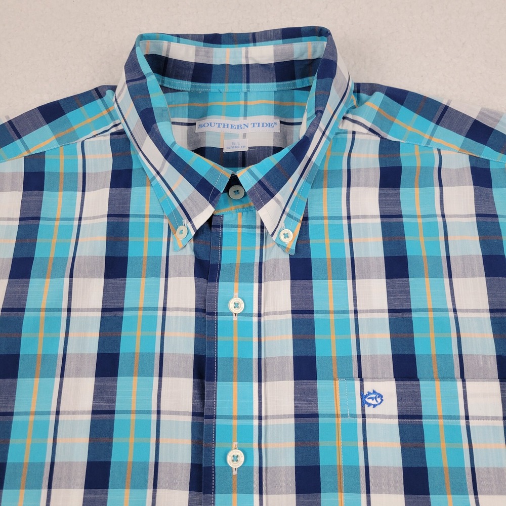 Southern Tide Auto Pilot Plaid Sport Shirt Mens‎ Large L Classic Fit Blue Orange